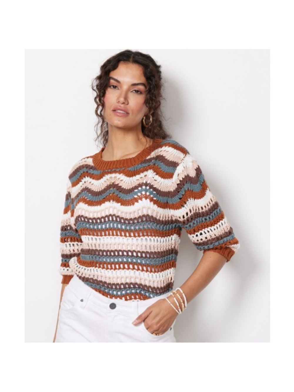 Evereve Wavy Striped Crochet Sweater - Rust, Cream & Blue-Grey